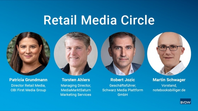 Der Vorstand des Retail Media Circle (v.l.): Patricia Grundmann (Vorsitzende), Torsten Ahlers, Robert Jozic und Martin Schwager - Quelle: BVDW
